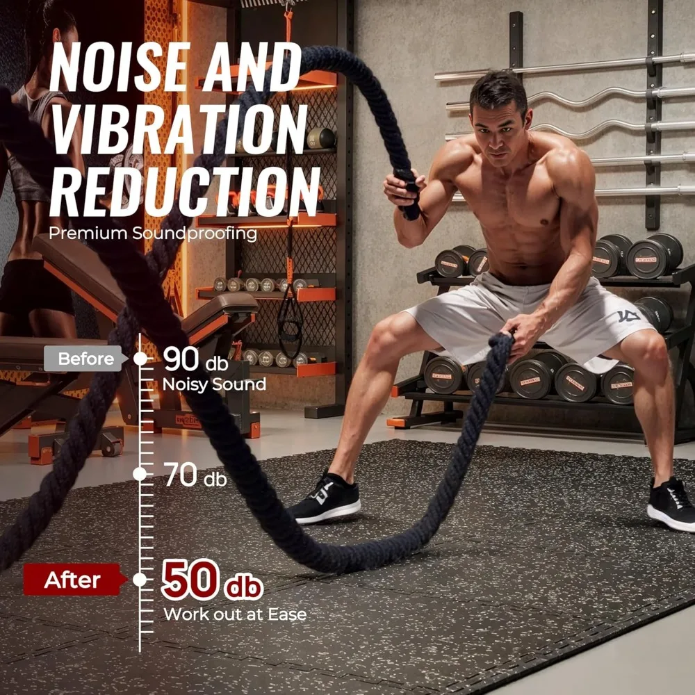 0.79'' extra-thick exercise equipment mats, 12 pcs 48 sq ft rubber top floor tiles with high density eva foam, interlocking gym