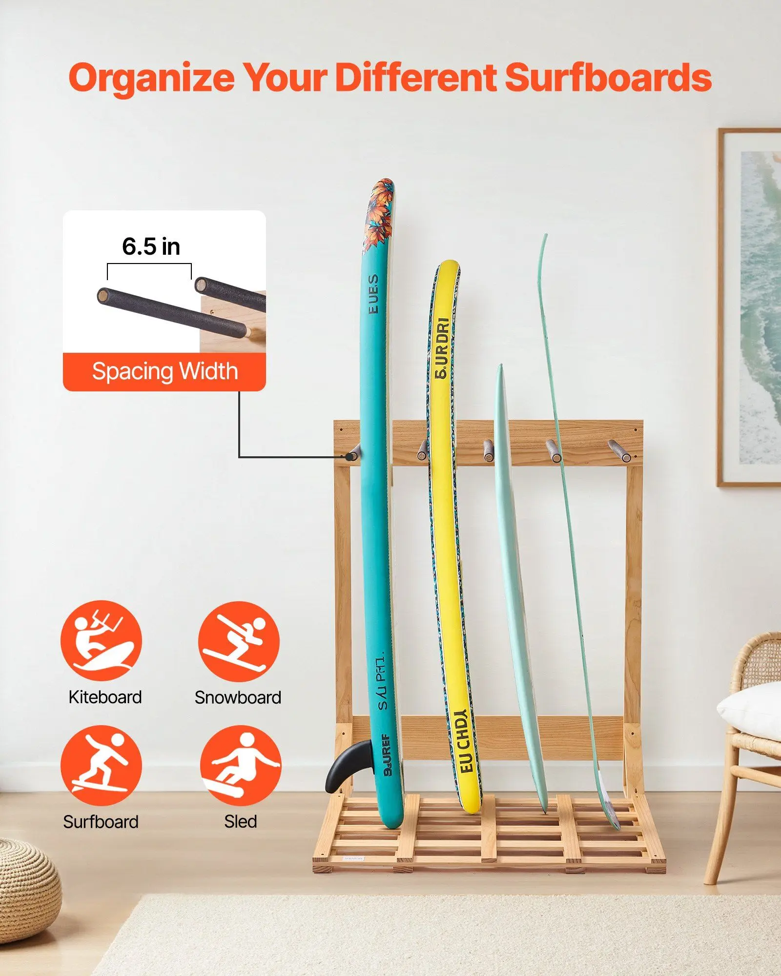 

Vertical Surfboard Stand, 4 Tiers Wooden Surfboard Rack for Storage and Display, Freestanding Board Stand Organizer, Surf Board