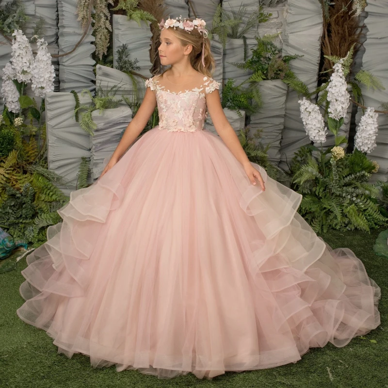 

Pink Flower Girl Dresses Tulle Puffy Tiered Appliques With Tailing Sleeveless For Wedding Birthday Party Banquet Princess Gowns