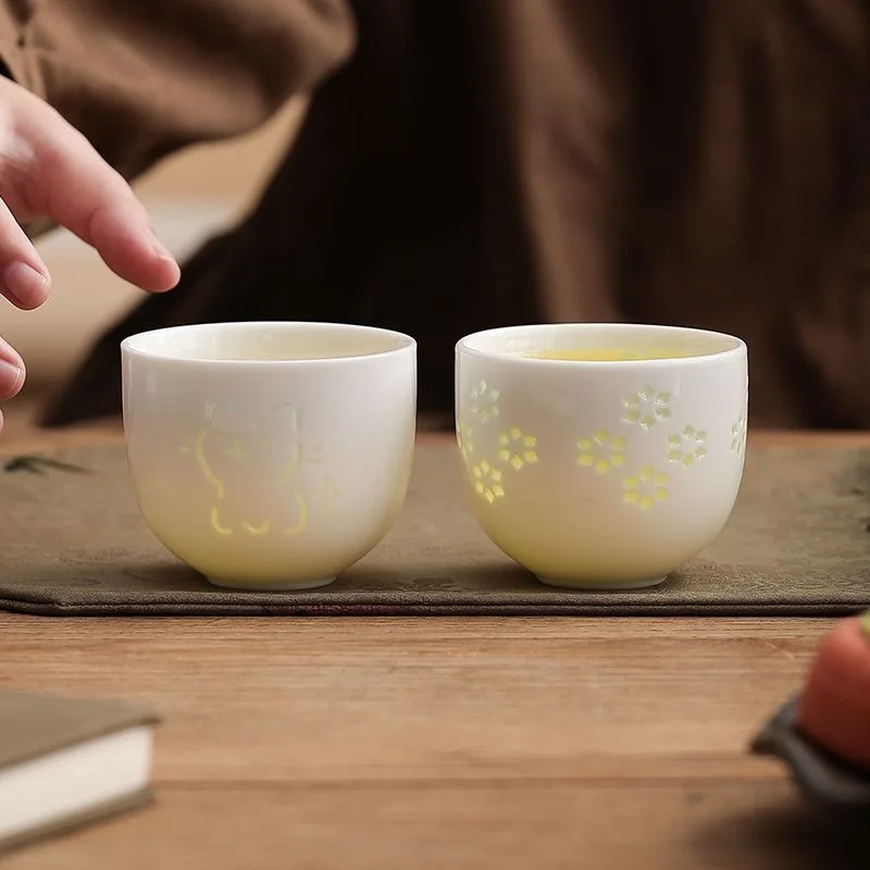 1PC Hollow Out Linglong Tea Cup, Elegant Ceramic Single Cup, Creative Kung Fu Tea Ware, Daily Home Drinking Tea Cup