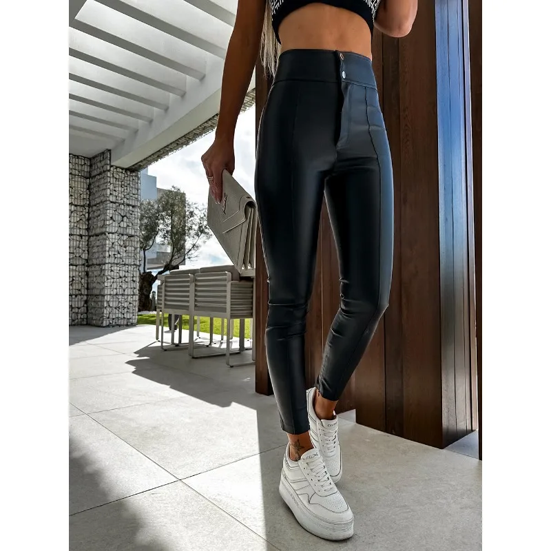 Calça feminina de couro PU de cintura alta, roupa feminina casual, temperamento pendular, moda outono e inverno