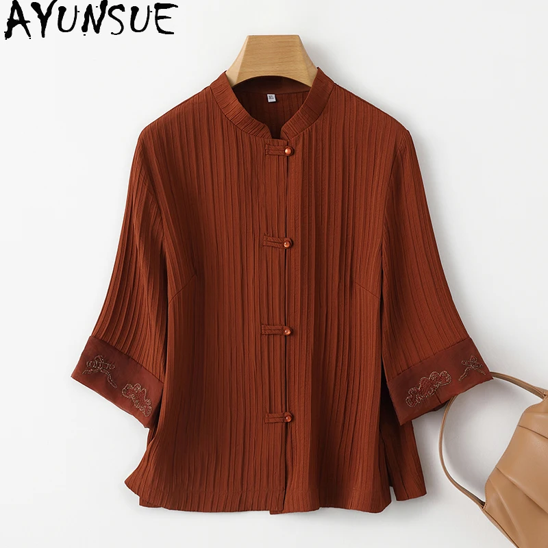 AYUNSUE 92% Genuine Mulberry Silk Shirt Women High Quality Short Womens Summer Clothes New 2024 Shirts Blouses Embroidery Tops