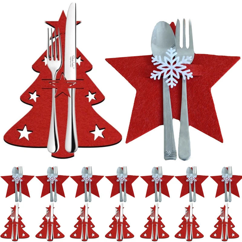 50pcs Xmas Cutlery Bag Pocket Christmas Tree Stars Snowflake Fork Knife Spoon Holder Bags for Kitchen Tableware Organizer Decors