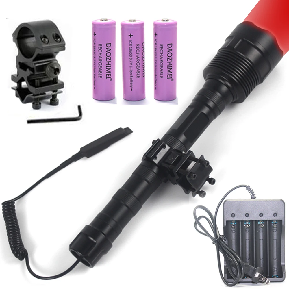 

Powerful Red Flashlight Tactical 1-Mode Predator Handheld Torch for Shooting Scout Lights +Clip+Tail Switch+18650+Charger