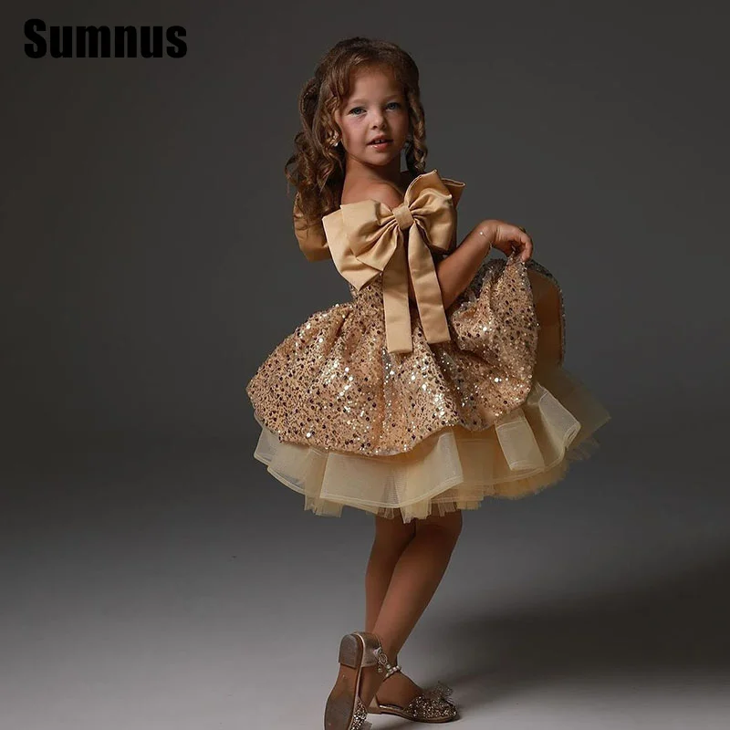 

SUMNUS Champagne A-Line Flower Girl Dresses Cute Bow Tiered O-Neck Knee-Length Sleeveless Wedding Occasion Gowns Customized