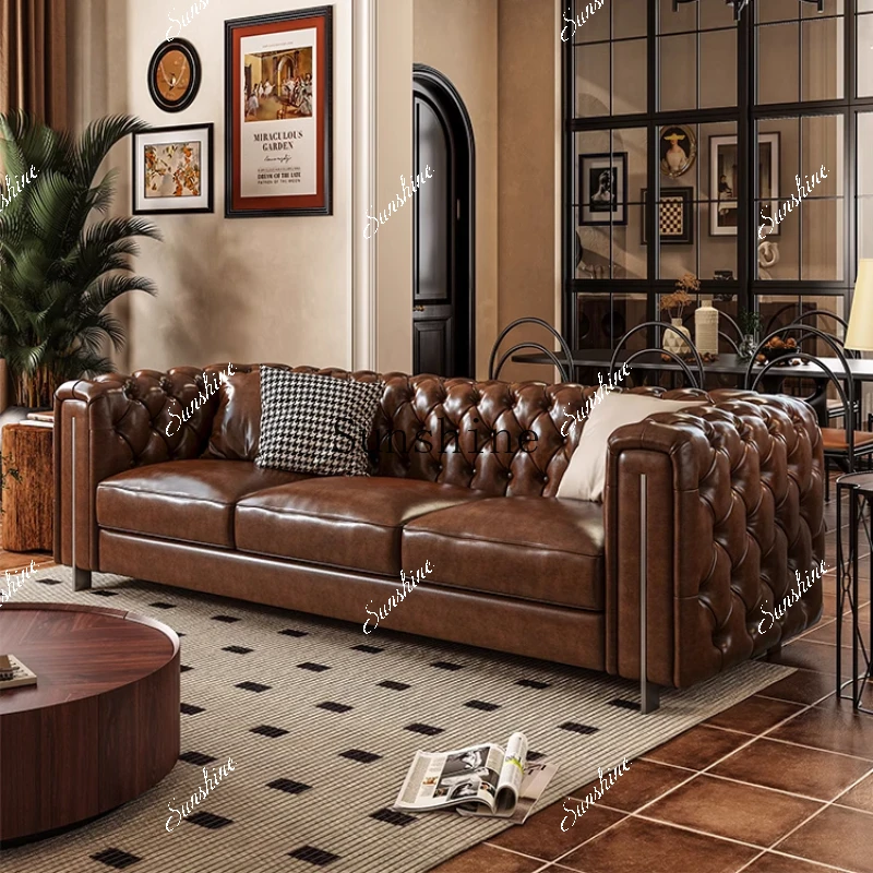 American living room straight row small apartment retro full pull buckle high-end luxury brown sofa  FT