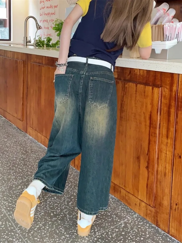 ريترو الأزرق واسعة جينز قصير المرأة فضفاض Y2k السراويل عادية خمر الشارع الشهير Harajuku الكورية نمط الدنيم السراويل الأساسية الصيف 2024