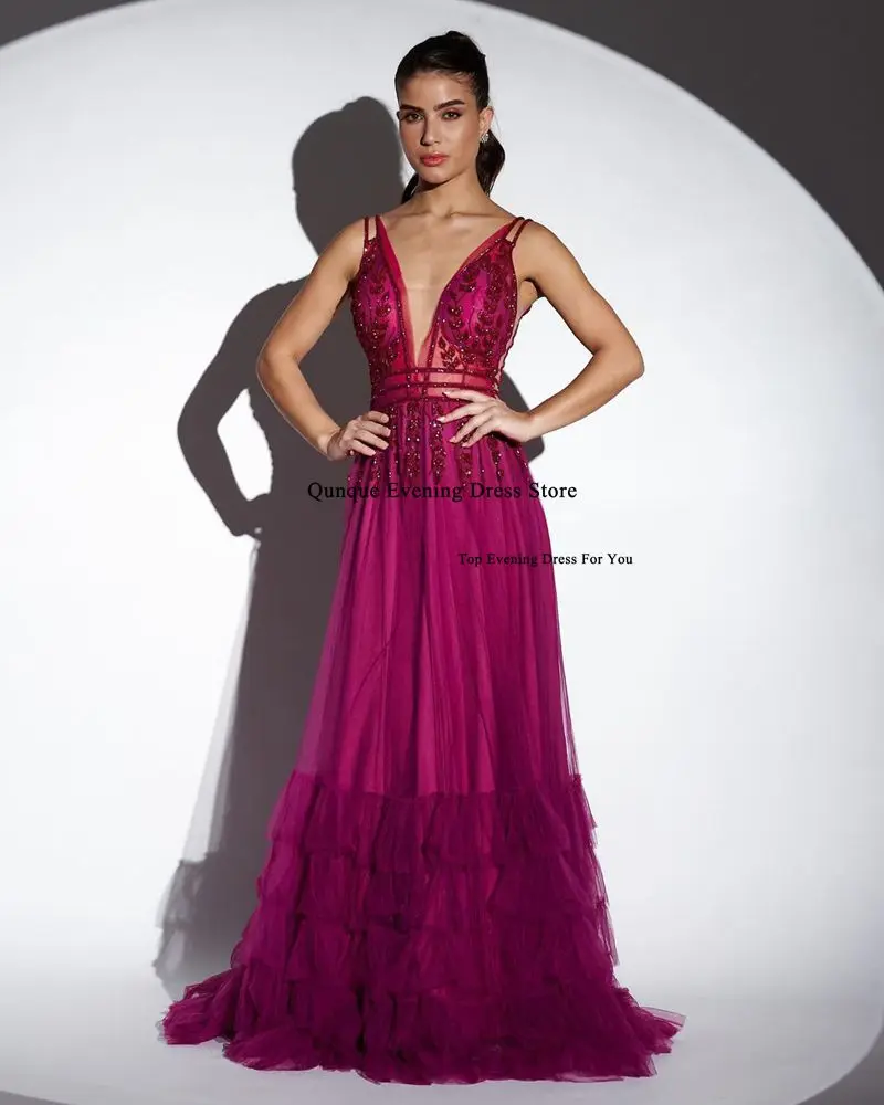 Qunque Sexy Deep V-neck Prom Dresses Tiered Floor-Length Elegant Formal Party Evening Gown Customized Lace Beaded فساتين السهرة