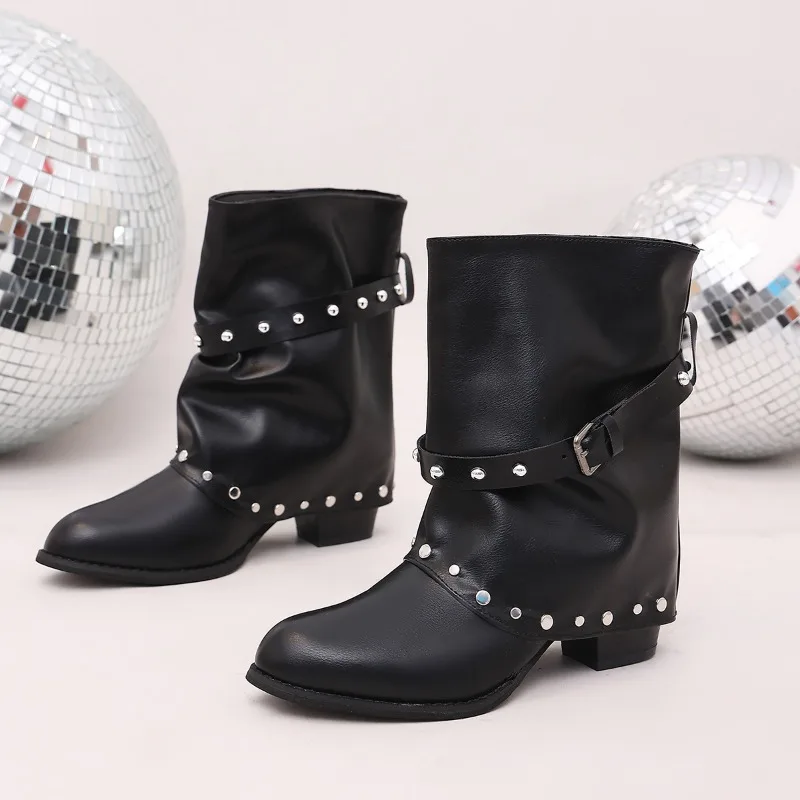 Rivet Belt Buckle Kitten Heel Booties Women's 2026 Autumn and Winter New Soft-soled Leather Shoes