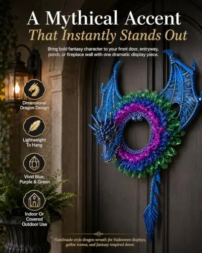 Handmade Dragon Wreath, Halloween Wreath for Front Door, Flying Serpent Wall Decor, Fantasy Gothic Door Hanging, Mythical