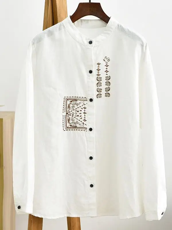 Suelto artístico Retro bordado largo Sve Stand Collar mujer irt Spring Faion Commute Sle versión coreana algodón Lino