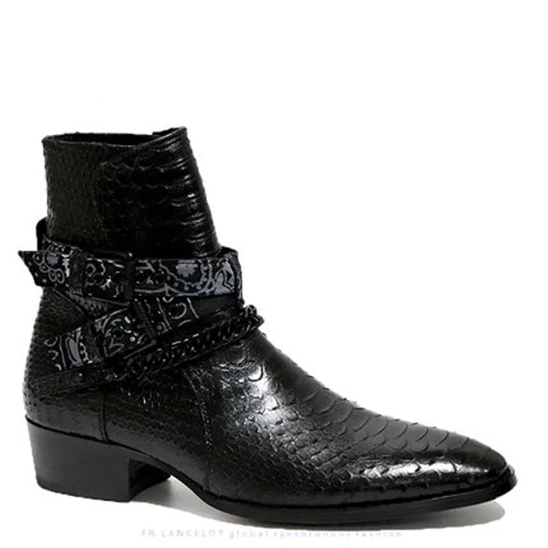 

British Black Chains Alligator Leather Cross Strap Buckle Man Boots Gentleman Dress Shoes Pointed To Male Chelsea Boots