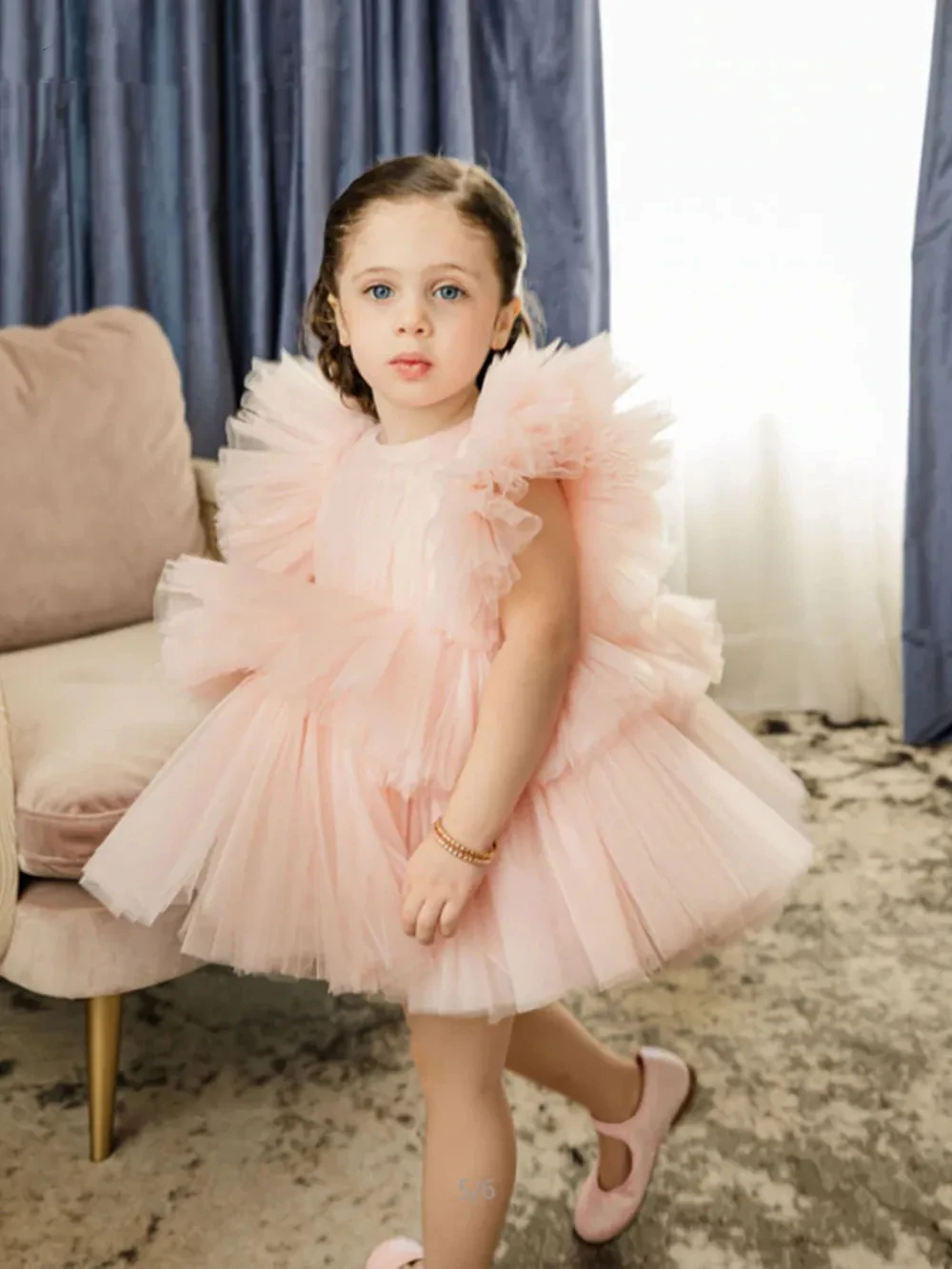 Peach Pink Flower Girl Dresses Tulle Ruffles Baby Kids Birthday Wedding Party Dress lunghezza al ginocchio a strati prima comunione Ball Gown