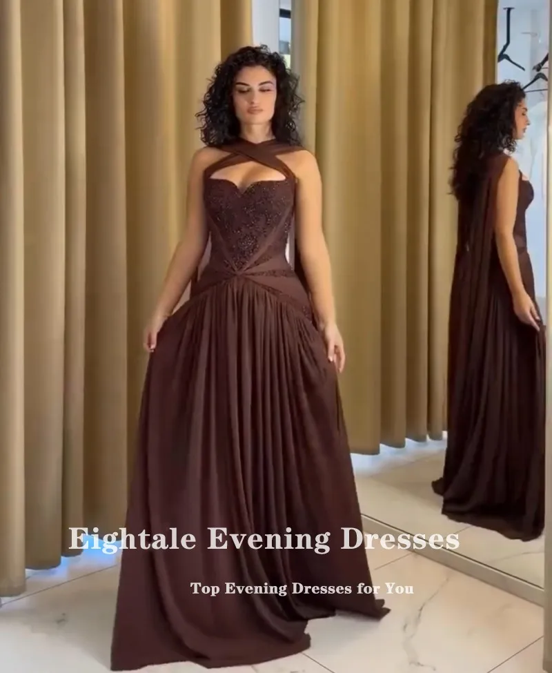 فستان سهرة عربي Eightale طيات رسن بني مزين بالخرز على شكل حرف a شيفون للمشاهير وحفلات الزفاف