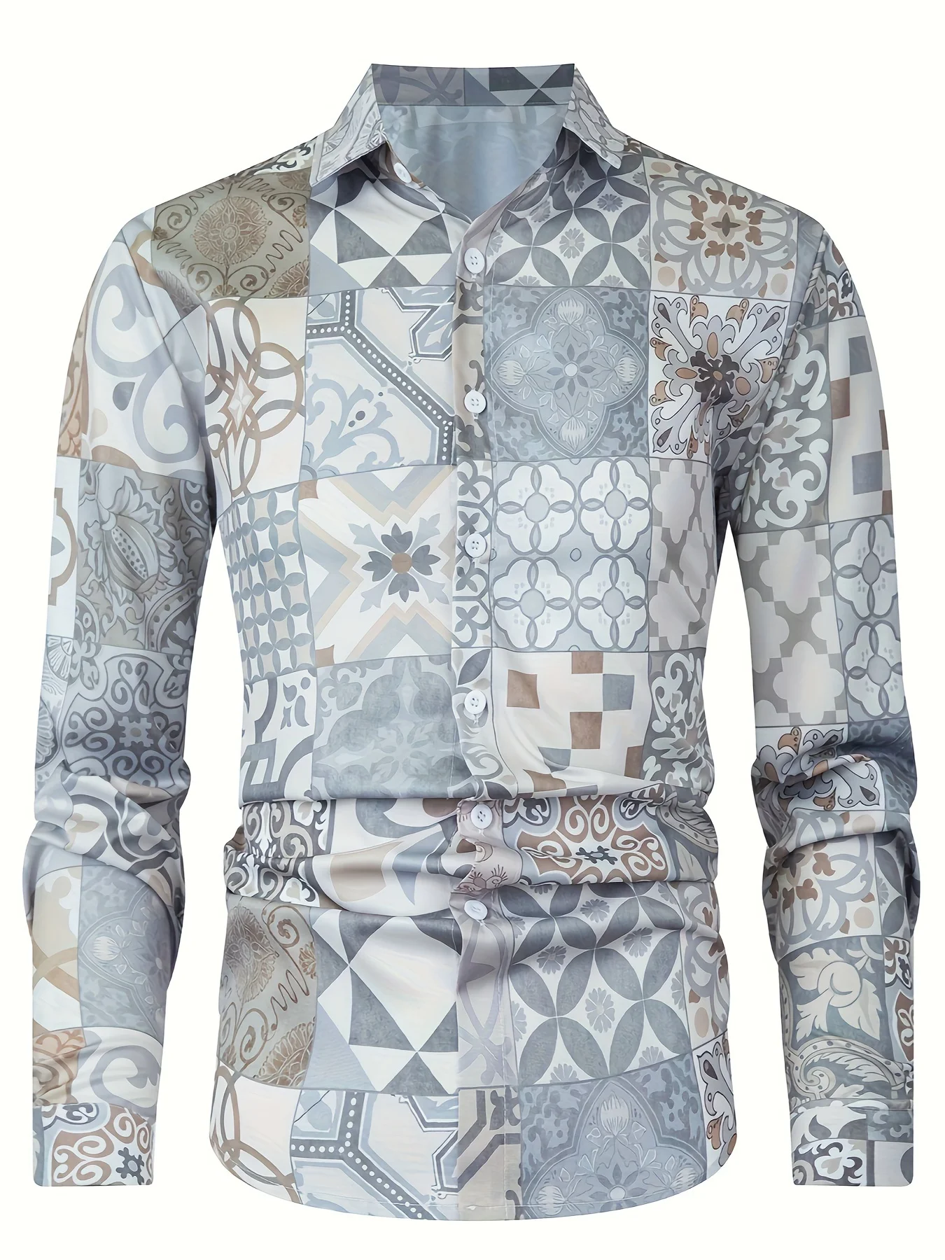 Men'S Plus Size Stylish Ship and Compass Print Shirt - Long Sleeve, Casual Button-Up with Lapel Collar, Perfect for Spring