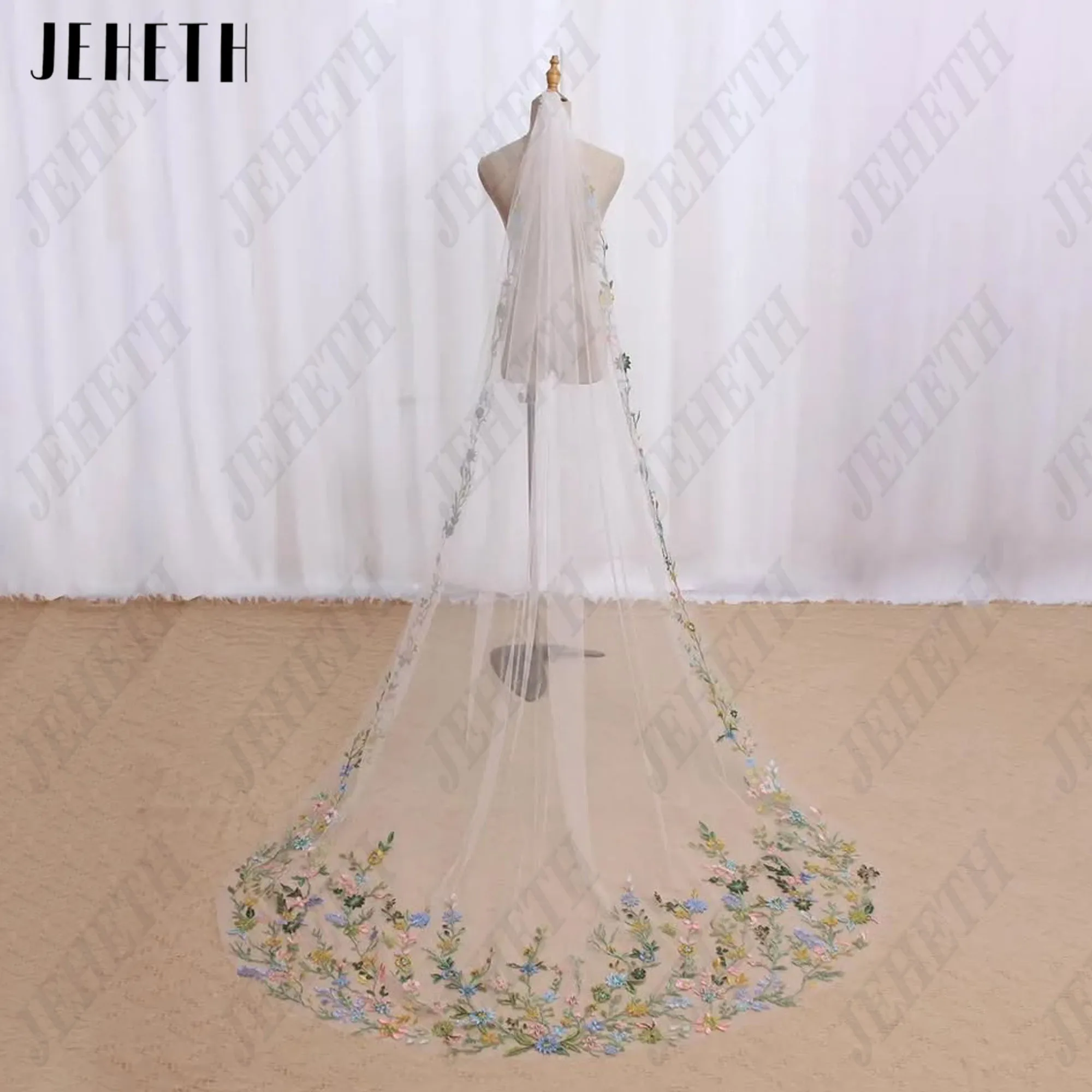 

JEHETH Flowers Long Bridal Wedding Veils With Comb Cathedral Lace Secret Garden Veil for Brides Colored White Ivory Customized