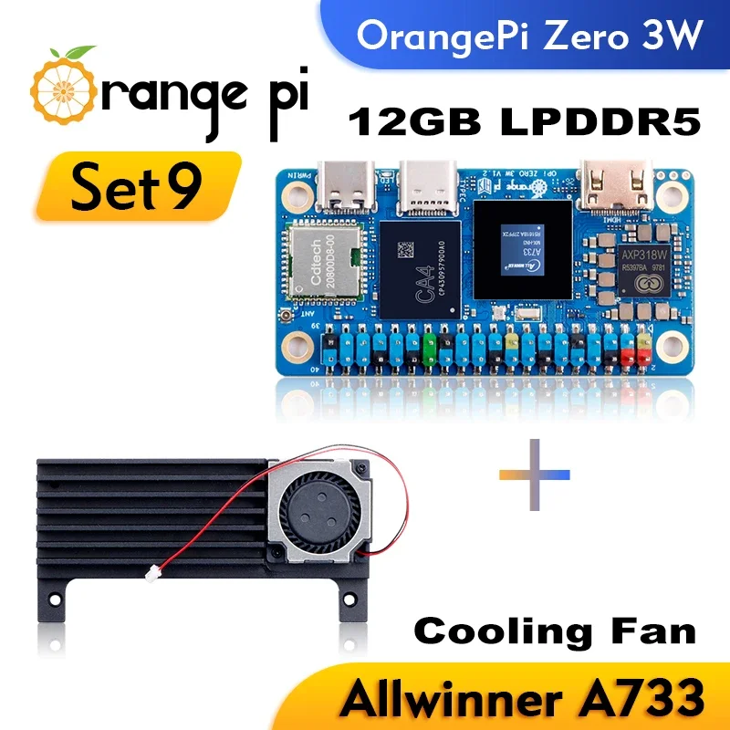 RoRuSOrange Pi Zero 3W 12GB Ram + Fan Development Board LPDDR5 Allwinner A733 Chip 3Tops NPU Wi-Fi6.0+BT5.4 Single Board Compute