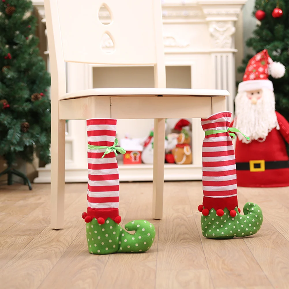 

Christmas Table Leg Covers Elf Feet Shoes Legs Fabric Decorative Wine Bottle Red White Stripes Party Dinner Table Chair Legs