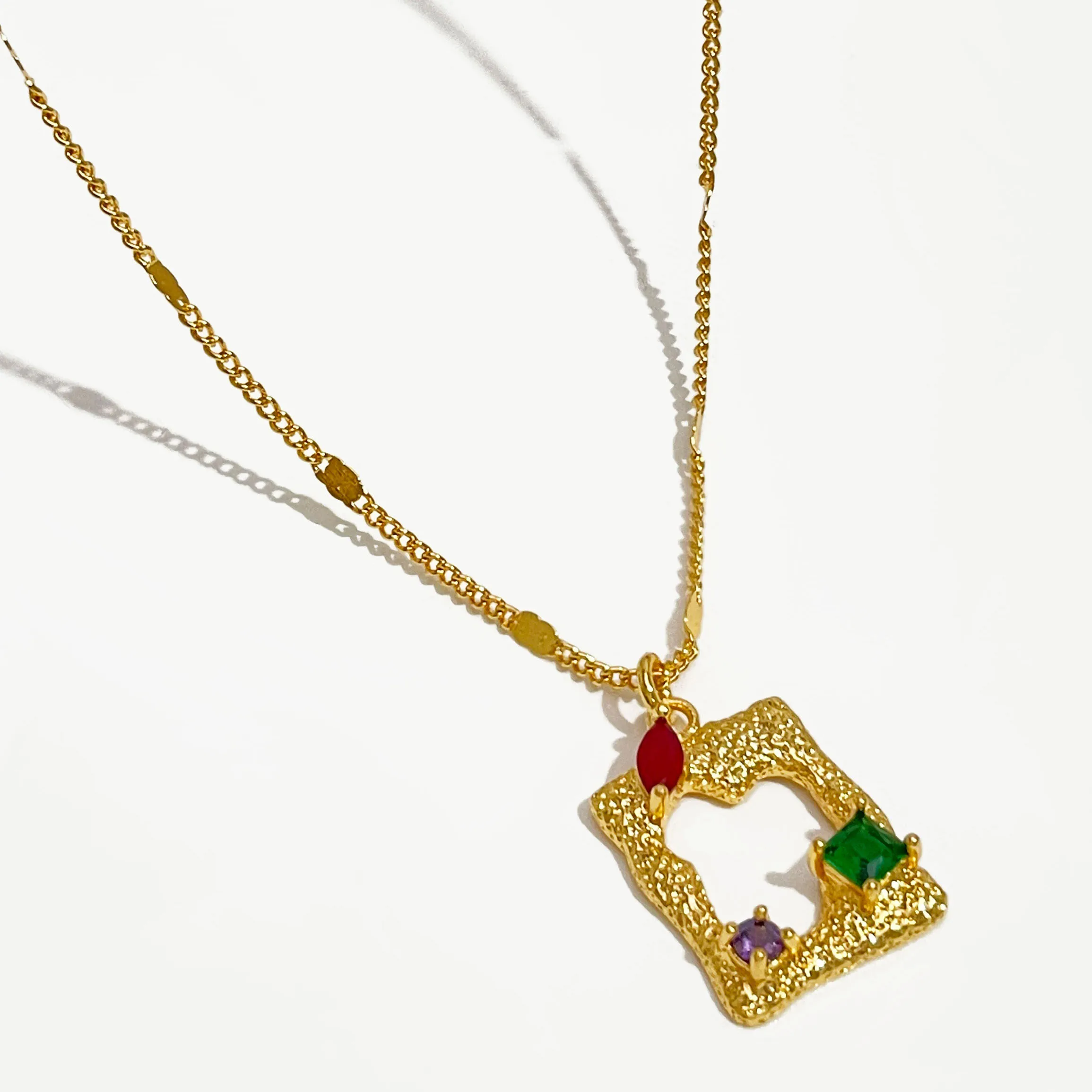 Peri'sbox Gold Plated Harmmered Rectangle Pendant Necklace with Rainbow Cubic Zirconia Irregular Hollow Necklaces Pendants New