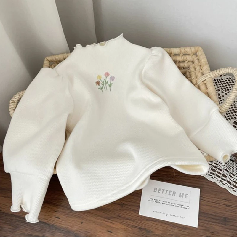 Baby Girls Sweater Winter Kids Keep Warm Thickening Top Children Half High Collar Flower Embroidery Casual Clothing 1-6 Years