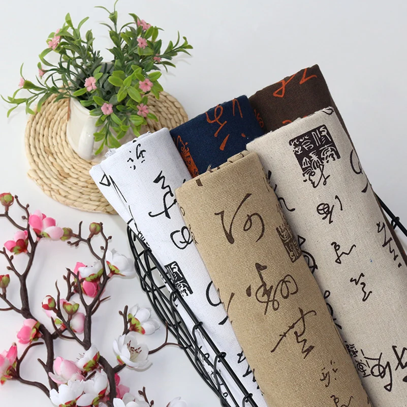 Cotton Linen Fabric Chinese Character Printed for Sewing Clothes DIY Handmade by Half Meter