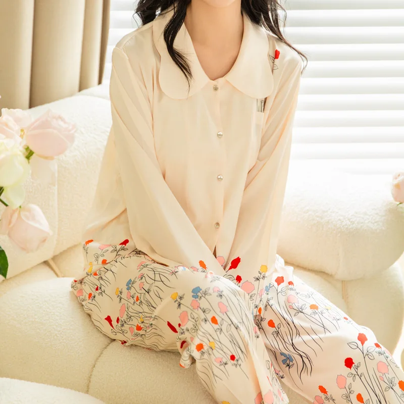 Female 2PCS Pajamas Set 2024 Spring Summer New Printing Sleepwear Long Sleeve Trouser Suits Loose Satin Home Clothes Loungewear