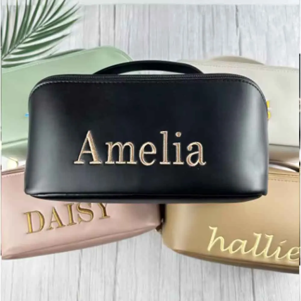 Personalized Embroidered Name Make Up Bag Custom Bridal Shower Proposal Travel PU Cosmetic Bag Christmas Birthday Gifts For Her