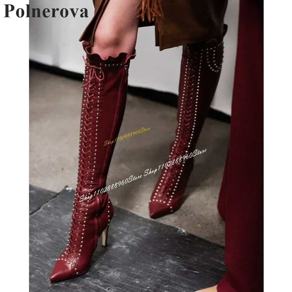 

Knee High Red Rivet Ruffles Stylish Boots Thin High Heel Women Shoes Side Zipper Pointed Toe 2025 Fashion Zapatos Para Mujere