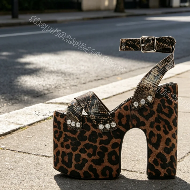 Leopard Print Platform Leather Sandals Chunky Heels Ankle Buckle Punk Style for Women Casual Party Sandals Zapatos Para Mujere