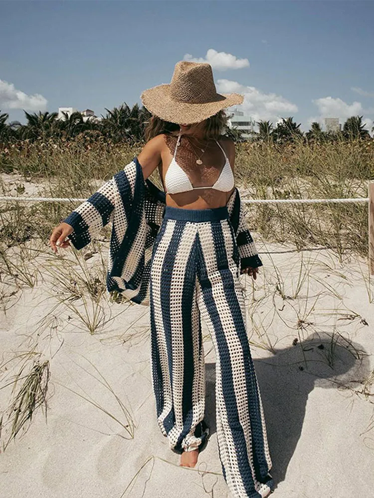 Chic Solid Hollow Out Mesh Knitted Pants Set Lapel Long Sleeve Tops Wide Leg Pants 2 Pieces Sets 2024 Lady Beach Casual Suit