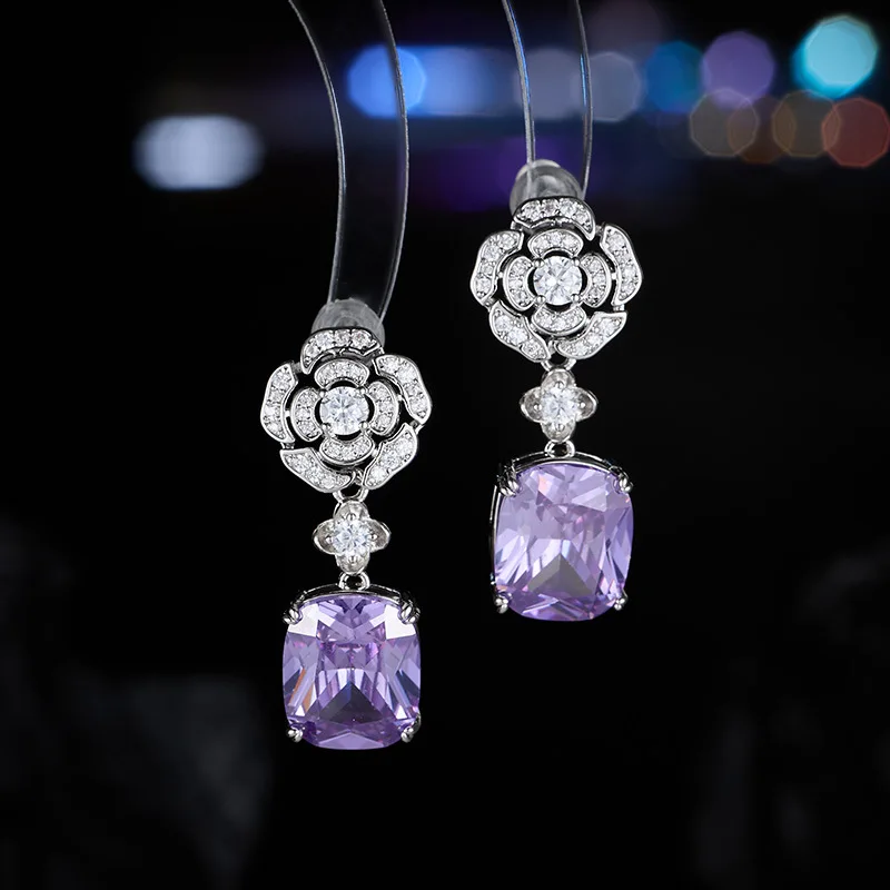 

flower earrings for women sweet jewelry purple pink square block drop earrings daily wear dinner party zirconia jewelry