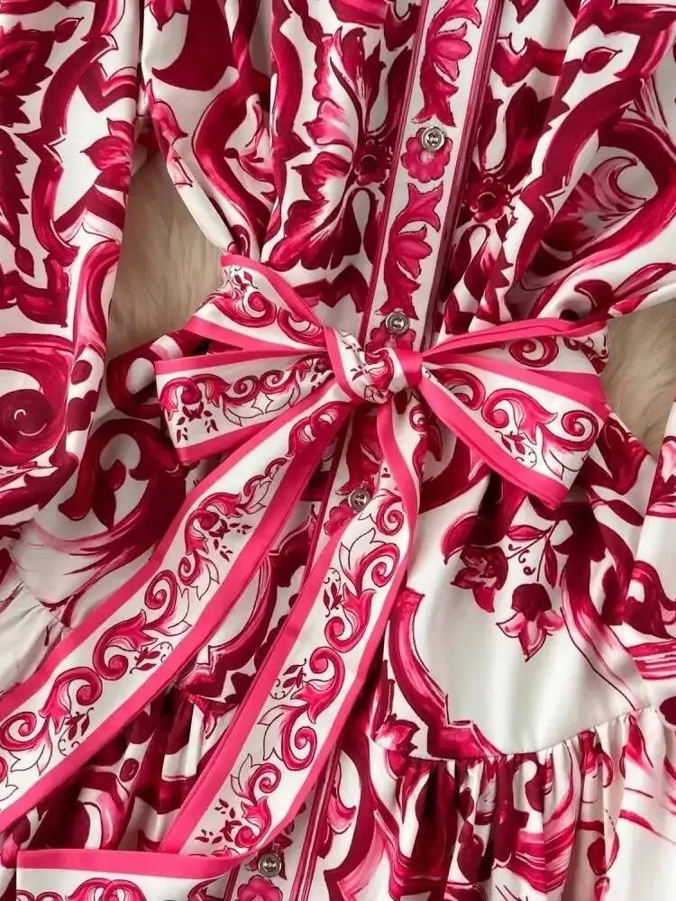 JAMERARY 런웨이 레드 블루 화이트 도자기 프린트, 홀리데이 맥시 원피스, 여성용 스탠드 싱글 브레스트, 느슨한 레이스업 벨트, 긴 베스티도