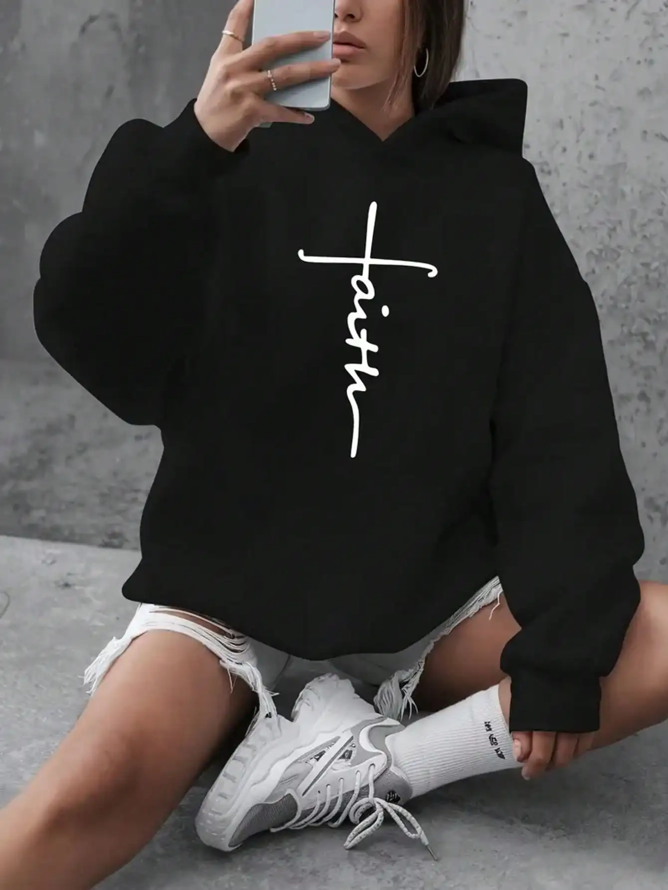 

Black Oversized Hoodie with White Graphic Print and Front Pockets, Casual Fall Winter Sweatshirt