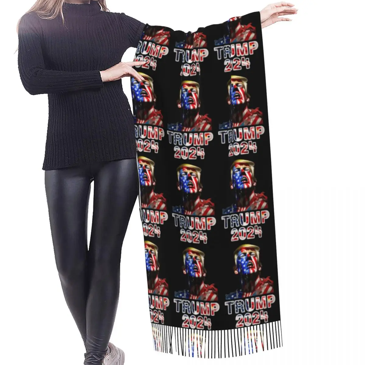 Ladies Large Trump 2024 MAGA Scarves Women Winter Thick Warm Tassel Shawl Wraps America Flag Scarf