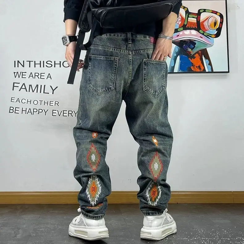 

Trendy Washed Cotton Jeans For Men Loose Straight Personalized Embroidery Autumn Versatile Casual Pants Streetwear Mens Clothing