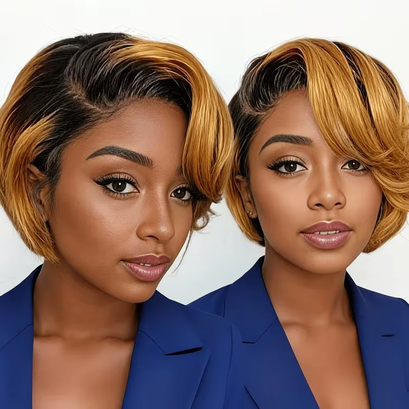 13x4 HD Lace Front Short Straight Bob Human Hair Wig for Women, 1B/30 Ombre Honey Blonde, 180% Density Pre Plucked Lace Frontal Wig