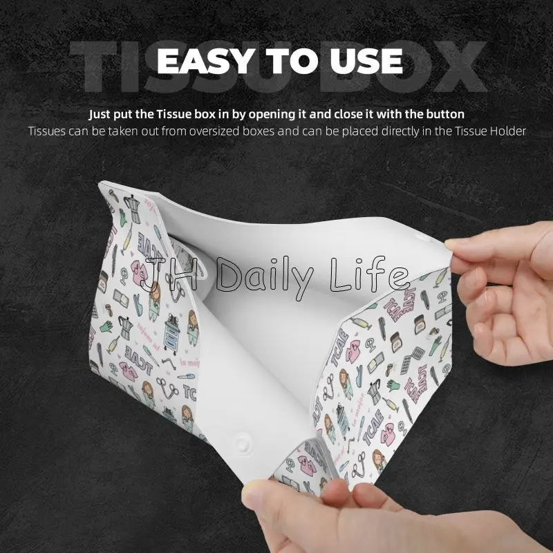 Custom Enfermera En Apuros Doctor Nurse Print Facial Tissue Box Cover Rectangular PU Leather Tissue Boxes Holder for Home Office