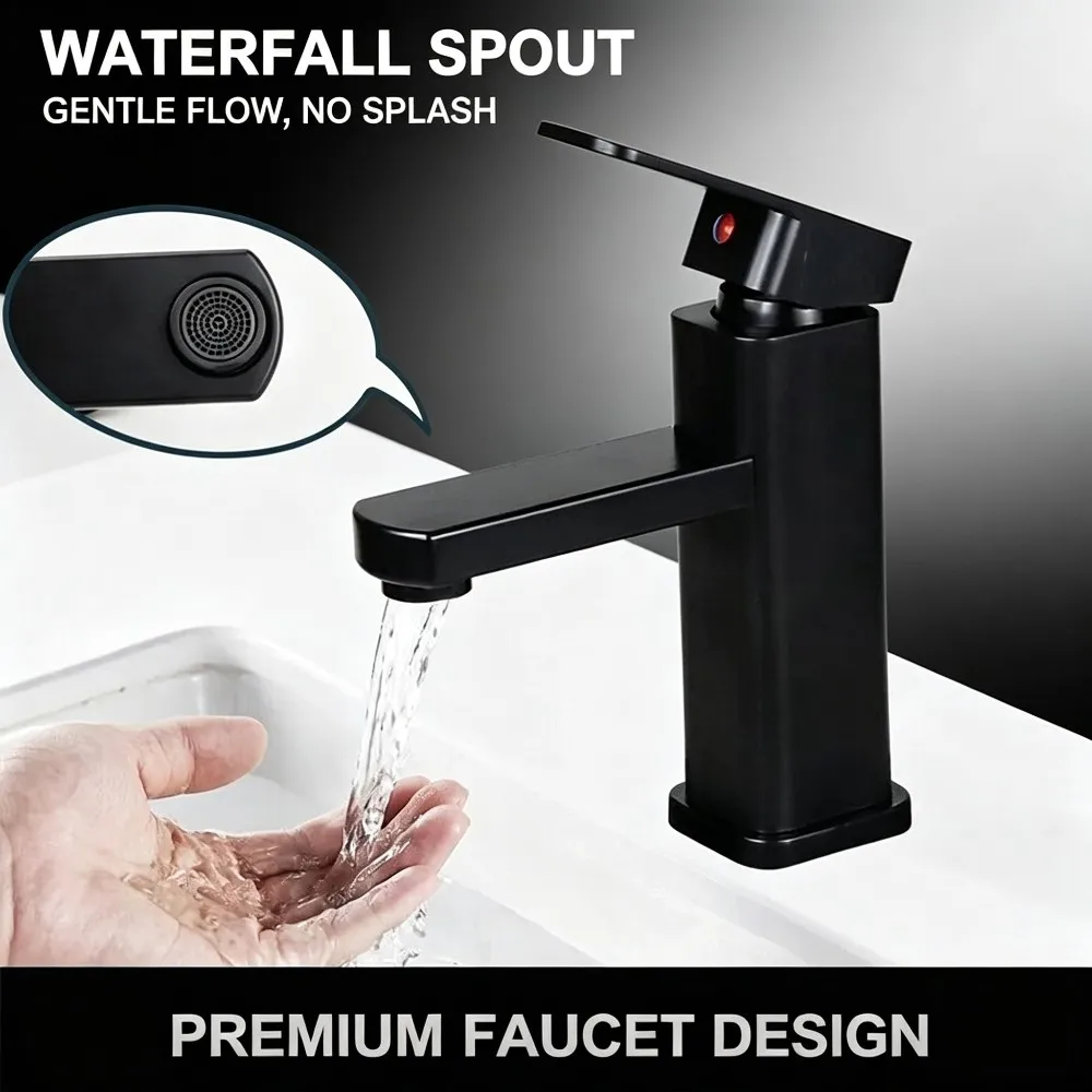 1 Pc Modern Black Waterfall Bathroom Sink Faucet Single Lever Control Matte Finish Splash-Free Wide Stream Deck Mount Vanity Tap
