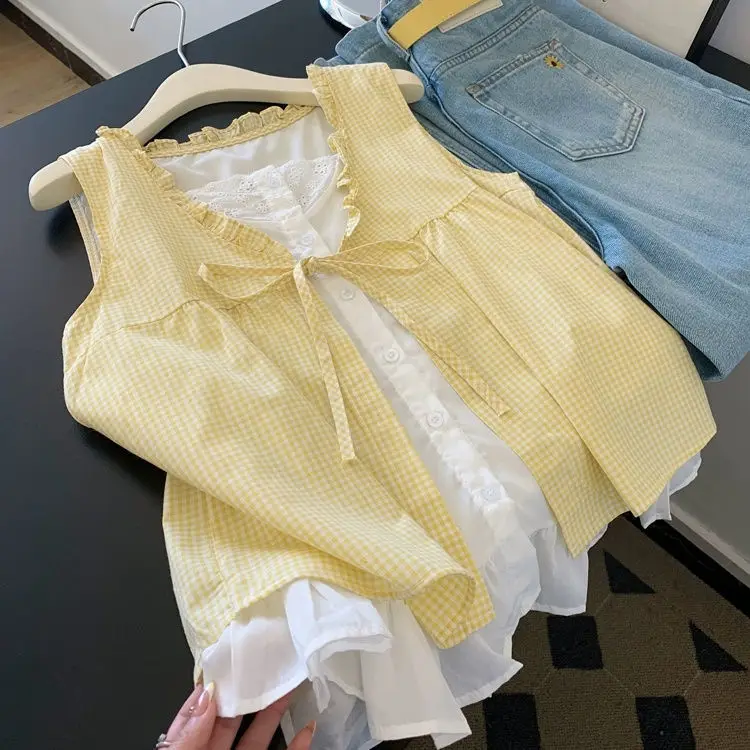 

Клетчатая рубашка без рукавов с бантом из двух частей, темпераментный женский французский красивый топ