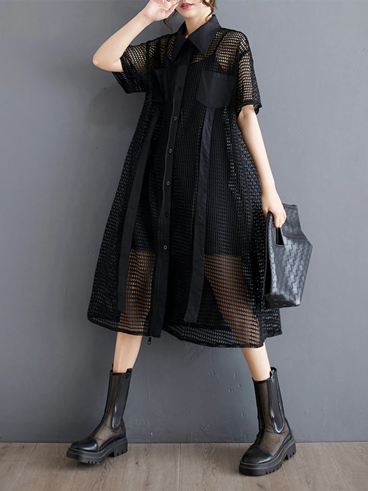 XITAO Hollow Out Plaid Shirt Dress Solid Color Loose Fashion Short Sleeve Zipper Splicing Women A-line Dress Summer New LYD1898