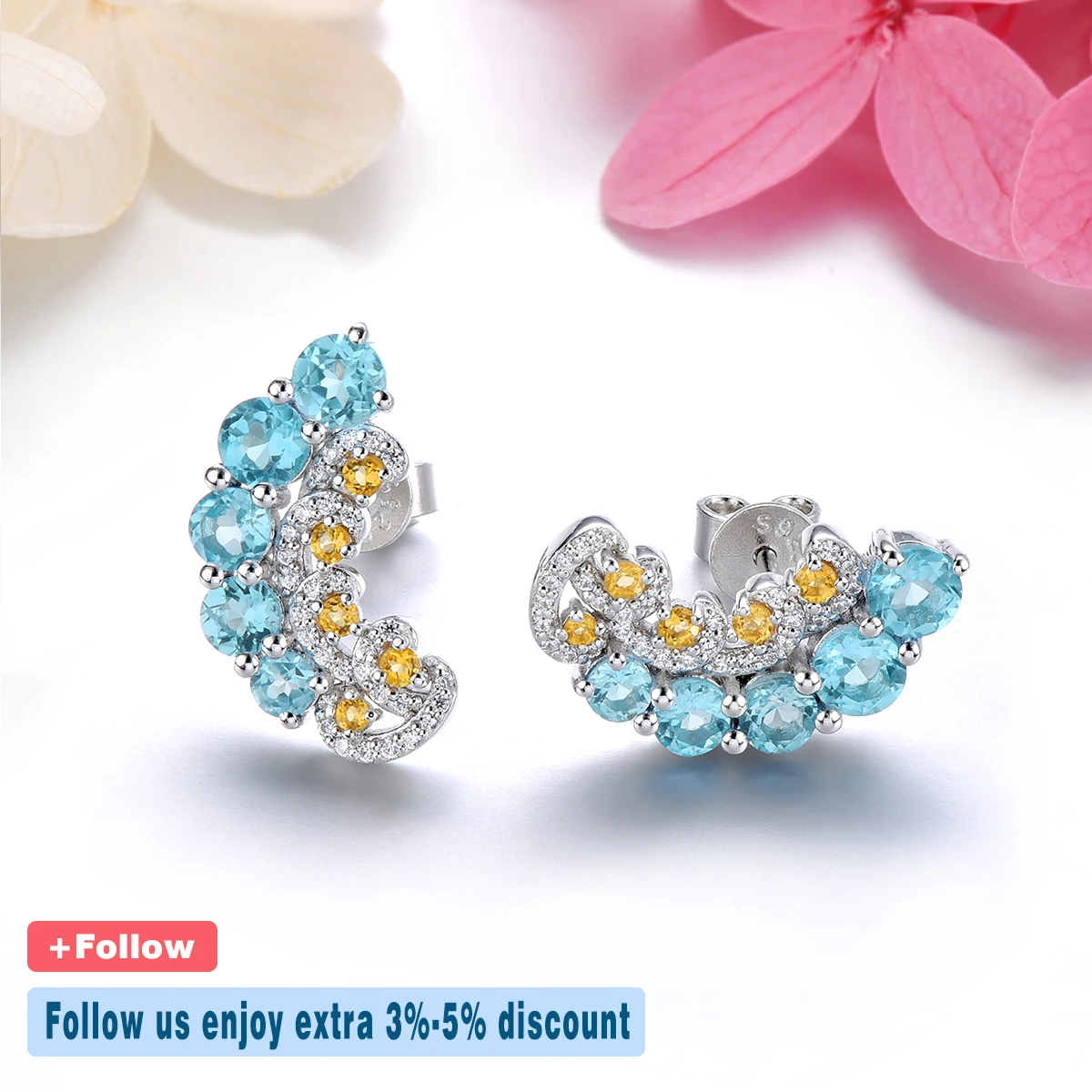 Natural Blue Topaz Citrine Sterling Silver Stud Earring 2.8 Carats Genuine Gemstone Romantic Design Women Summer Jewelrys