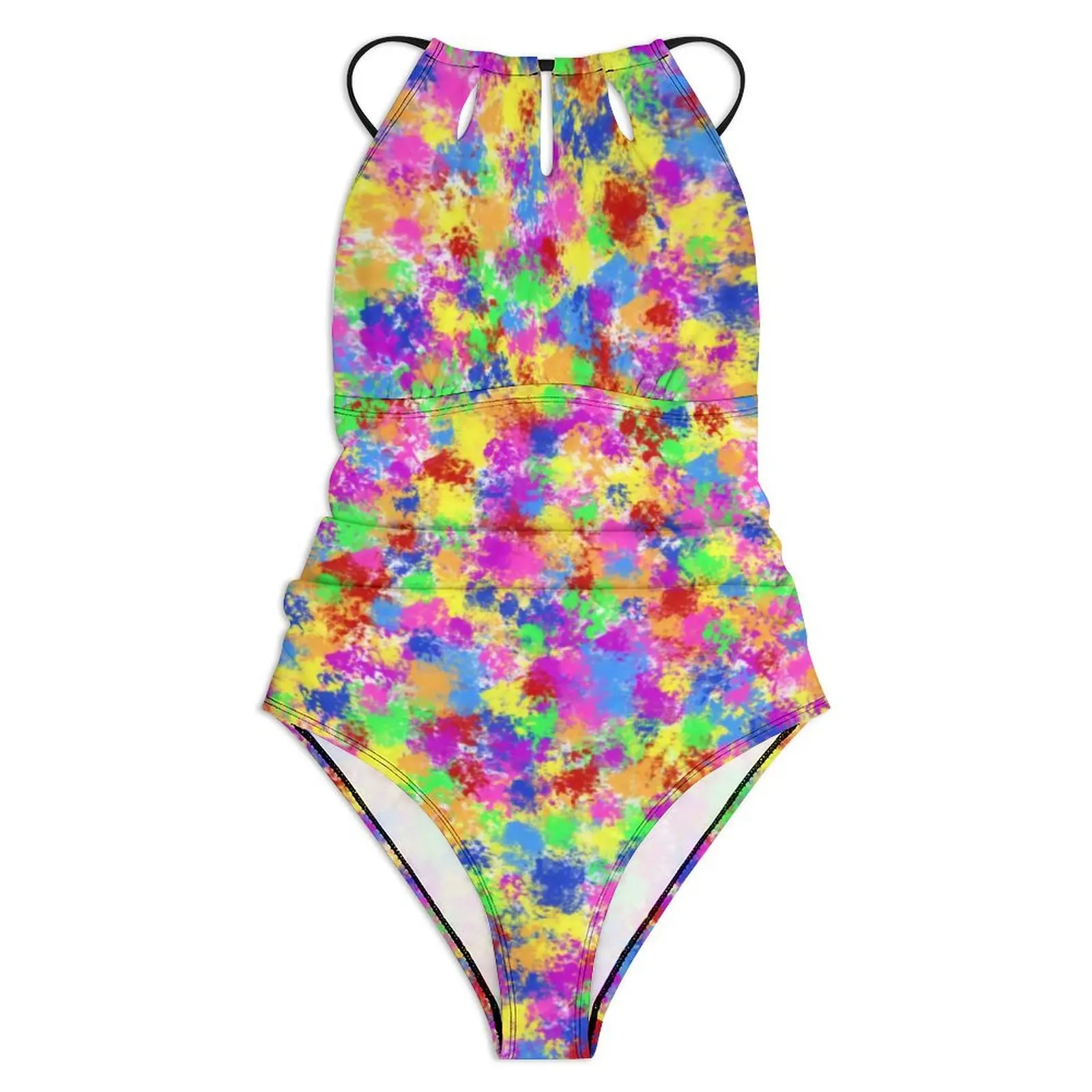 Rainbow Splash Swimsuit Sexy Trendy Neon Print Woman Swimwear One-Piece Retro Bodysuit Surfing Push Up Cut Out Beach Outfits