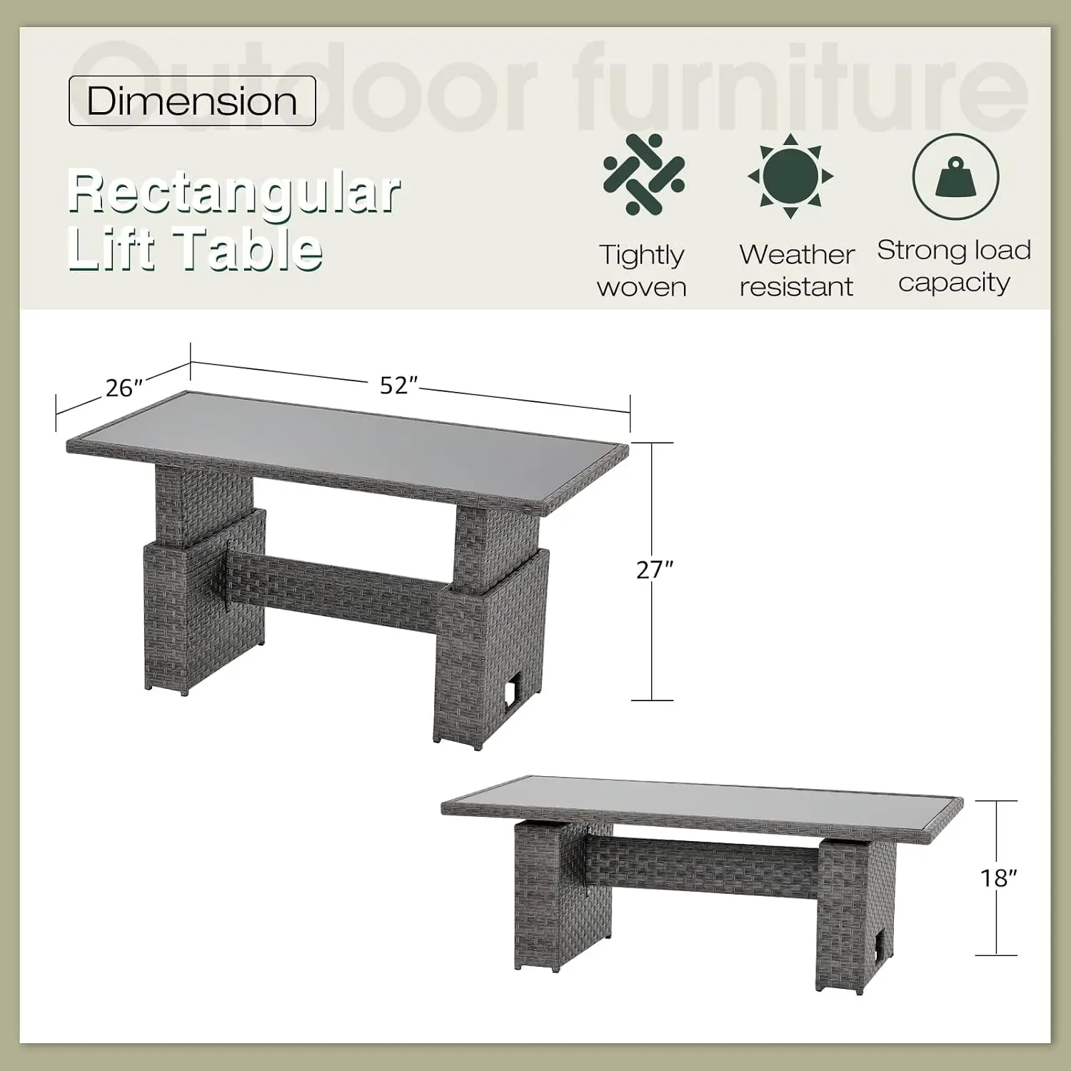 Outdoor Patio Lift Top Table Adjustable Height Wicker Dining Table | 2-in-1 Convertible Rectangle Coffee Table with Tempered Gla