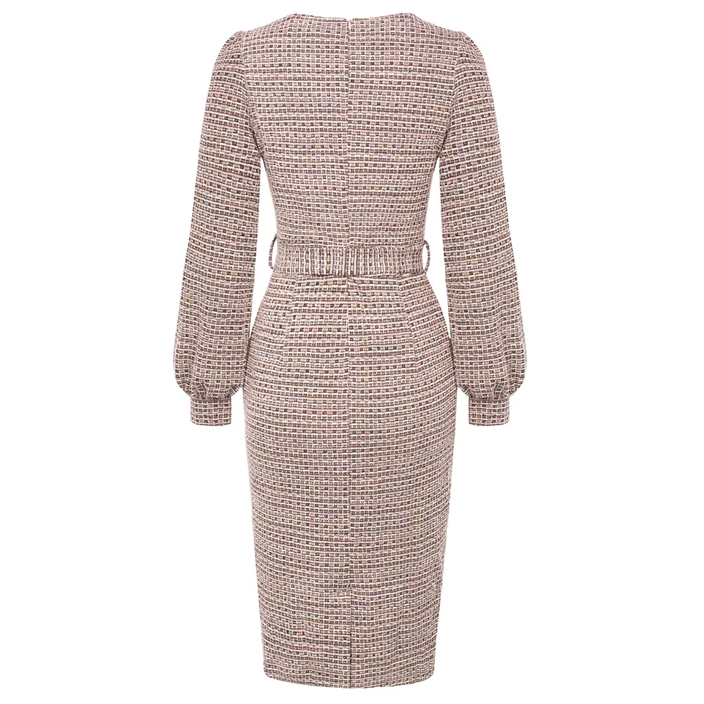 Jasambac Women Tweed Dress Autumn Korean Style OL Elegant Long Sleeve Hips-wrapped Crew Neck Back Slit Bodycon Dress With Belt