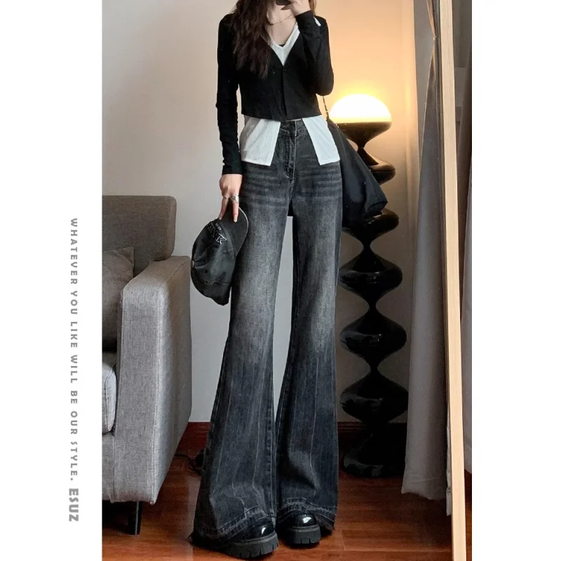 

Женские черные джинсы с высокой талией, широкие брюки в американском стиле с вышивкой, Y2K, винтажные прямые весенние брюки, 2024