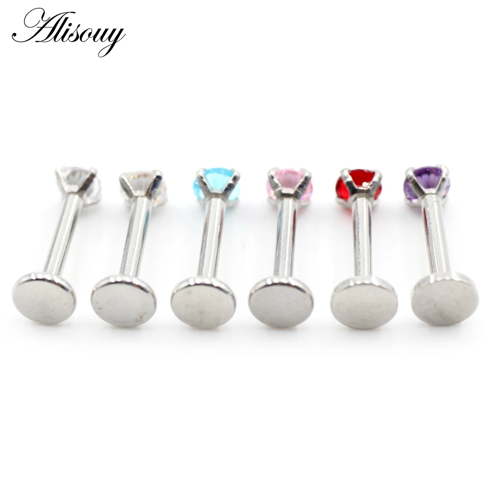 Alisouy 1PC Stainless Steel Internally Threaded Round Zircon Lip Labret Rings Ear Tragus Cartilage Helix Piercing Body Jewelry