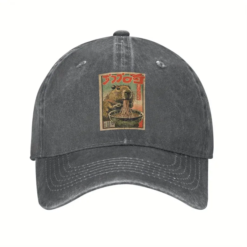 Capybara-Ramen-Graphic-Baseball-Cap,-Distressed-Washed-Cotton-Unisex-Casual-Hat-for-Teens