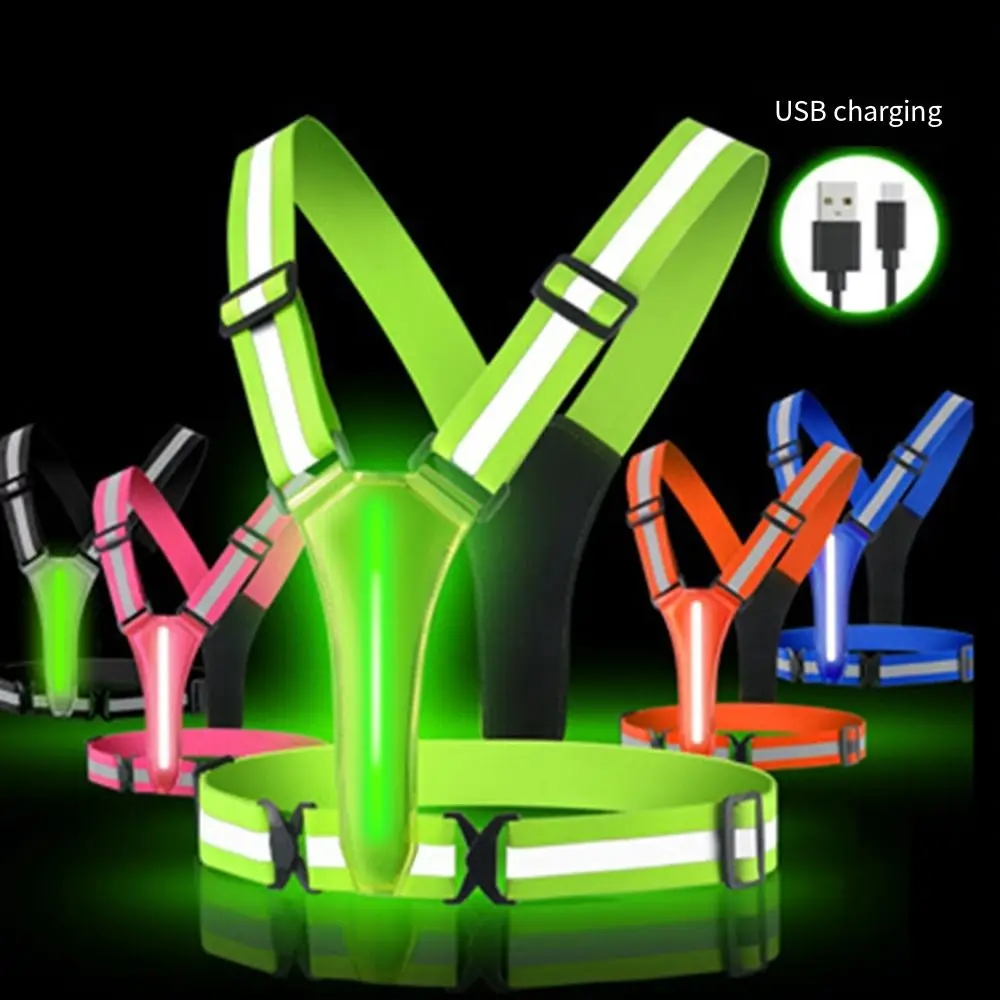 

USB Rechargeable LED Reflective Vest Adjustable Waist/Shoulder High Visibility Night Running Light Up Vest Reflective Strap