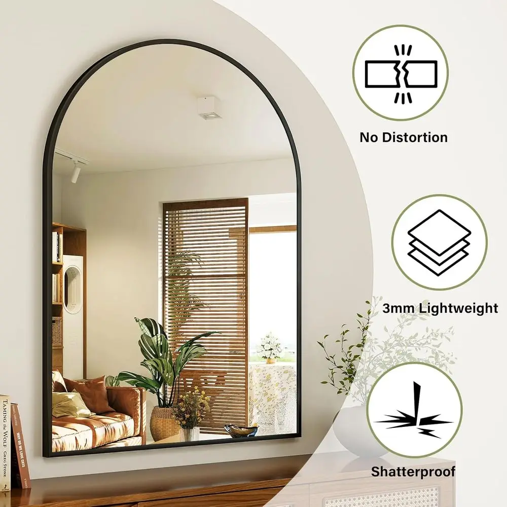 24x36 Arch-Shaped Wall Vanity Mirror with Black Metal Frame for Bathroom, Bedroom, and Living Room