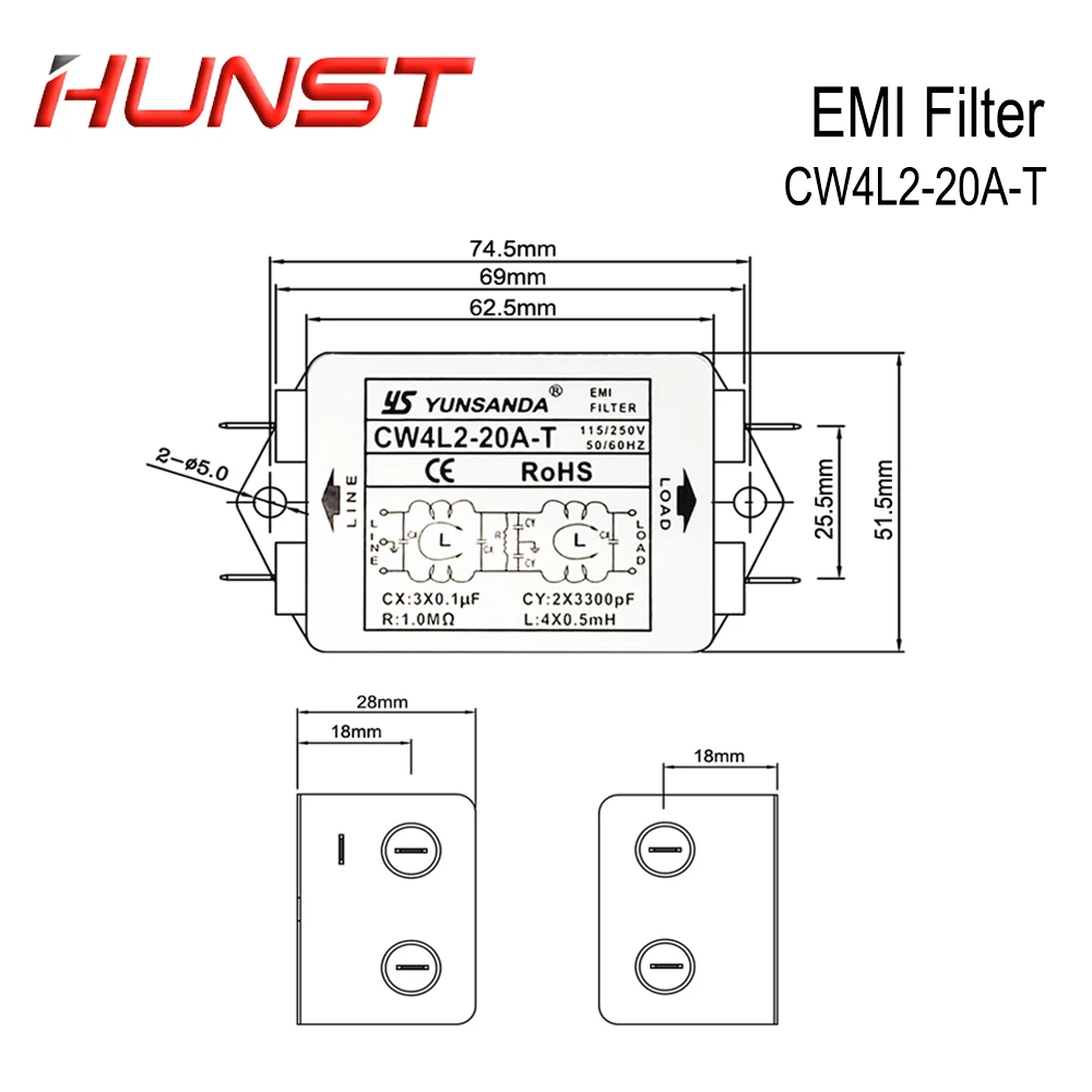 Hunst Power EMI Filter CW4L2-20A-T Single Phase AC 115V / 250V 20A 50/60HZ For Laser Cutting Machine And Laser Marking Machine.